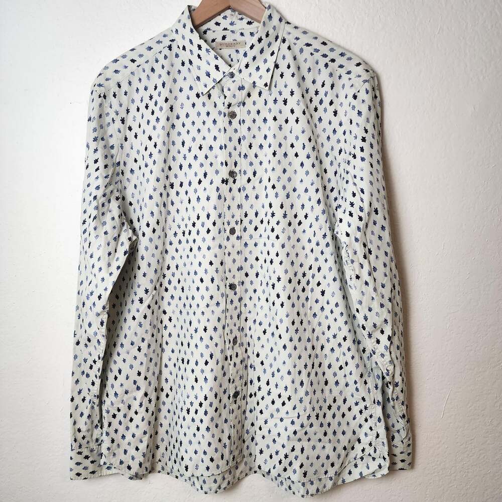 Burberry Brit Shirt Mens XL White Blue Leaf Print Cotton Long Sleeve Button Up